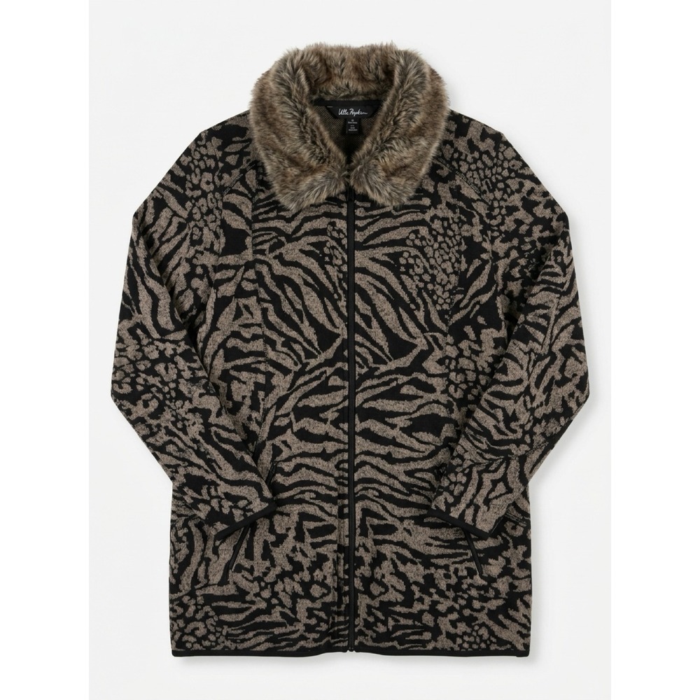 Ulla Popken Animal Print Faux Fur Collar Zip Jacket Black Taupe Sz 12/14
